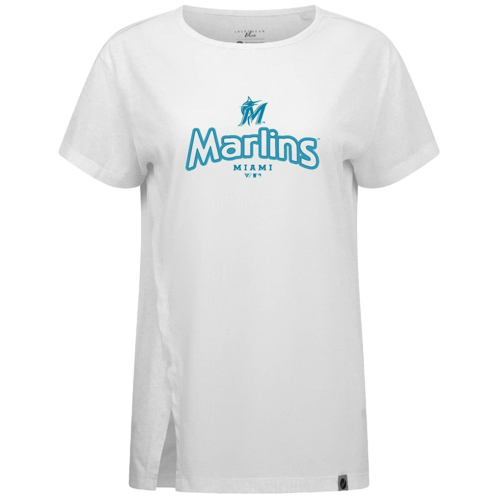 Miami Marlins Levelwear Women's Blue Haven Influx Cornerstone T-Shirt - White T-shirts