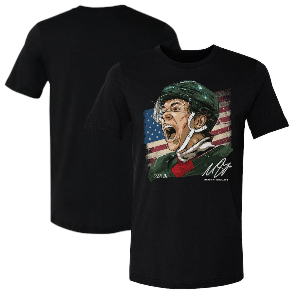 NHL Matthew Boldy US Men's Hockey 500 Level Flag T-Shirt - Black