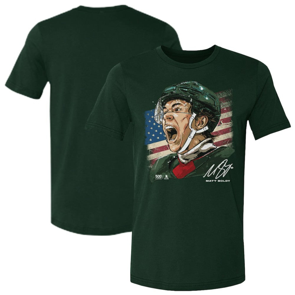 NHL Matthew Boldy US Men's Hockey 500 Level Flag T-Shirt - Green