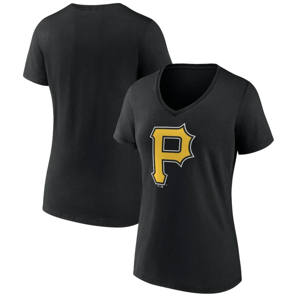 Pittsburgh Pirates Women's Team Color Primary Logo V-Neck T-Shirt - Black T-shirts