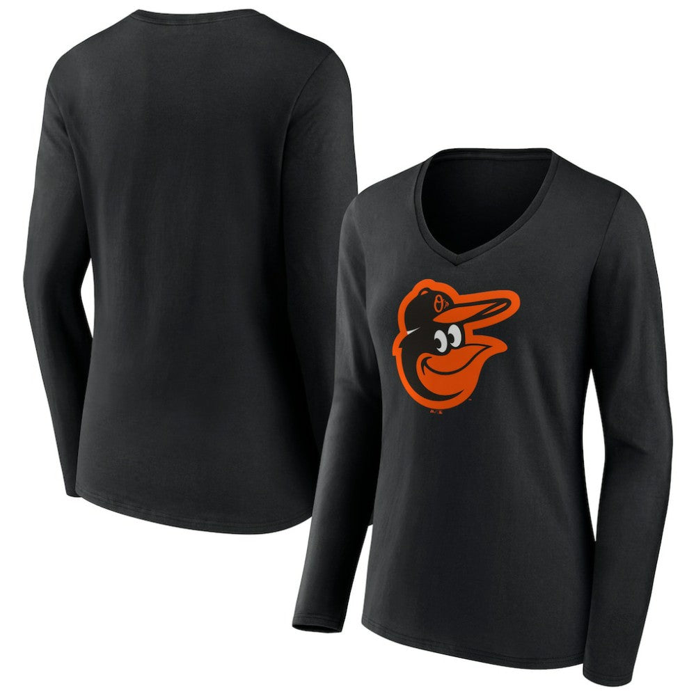 Baltimore Orioles Women's Team Color Primary Logo V-Neck Long Sleeve T-Shirt - Black T-shirts