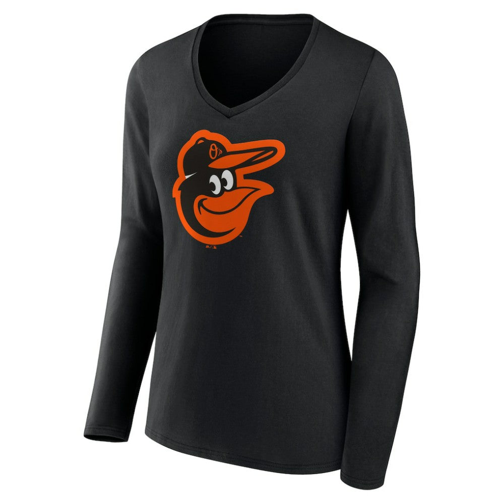 Baltimore Orioles Women's Team Color Primary Logo V-Neck Long Sleeve T-Shirt - Black T-shirts