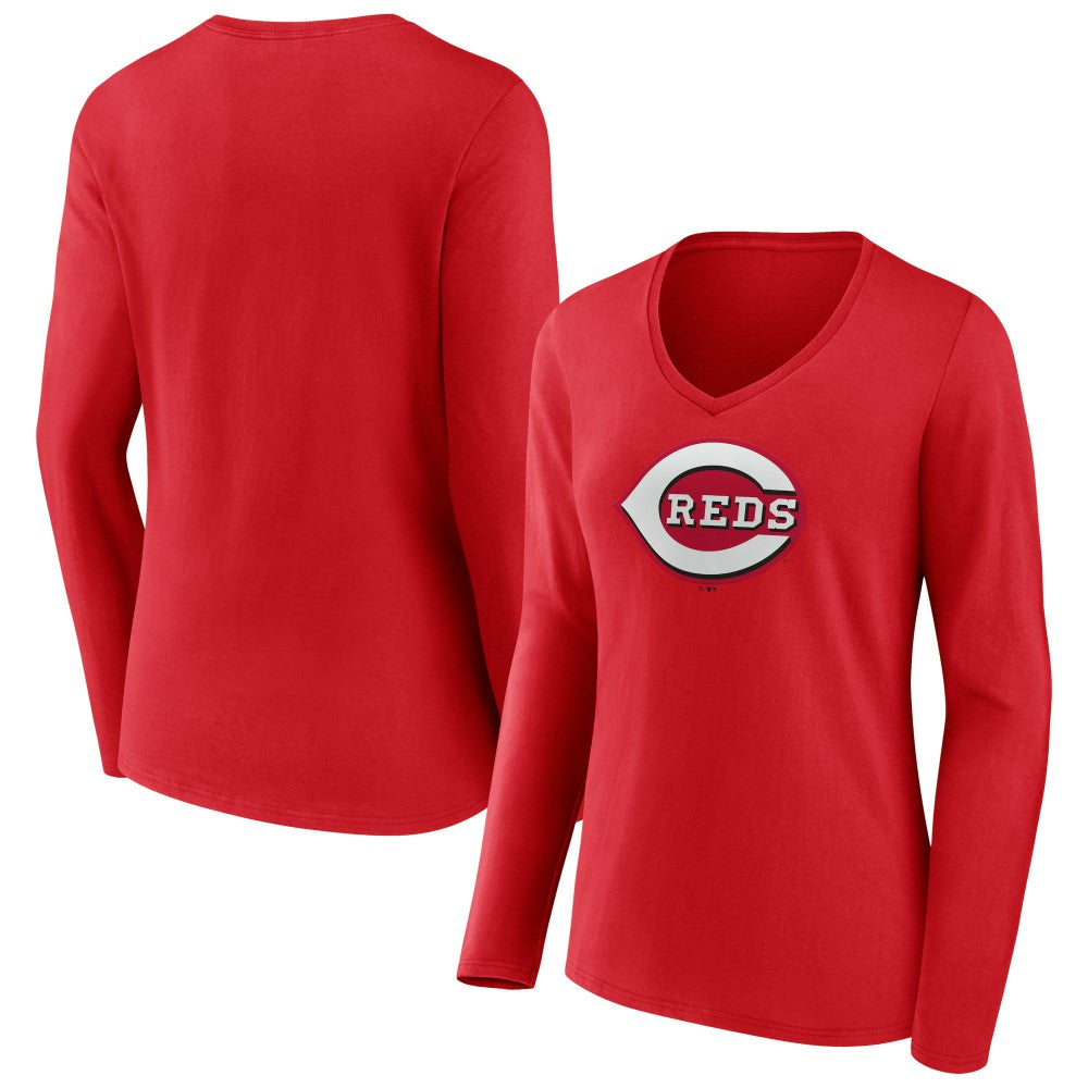 Cincinnati Reds Women's Team Color Primary Logo V-Neck Long Sleeve T-Shirt - Red T-shirts