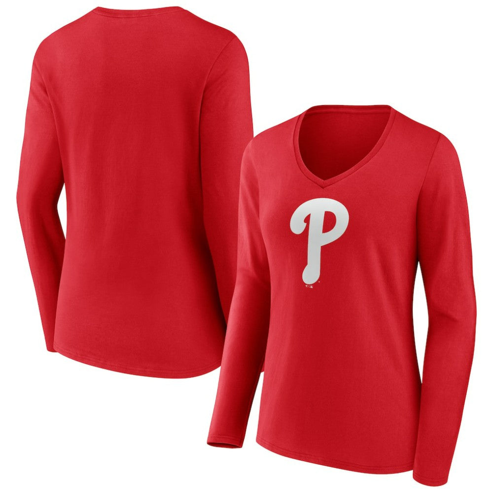 Philadelphia Phillies Women's Team Color Primary Logo V-Neck Long Sleeve T-Shirt - Red T-shirts