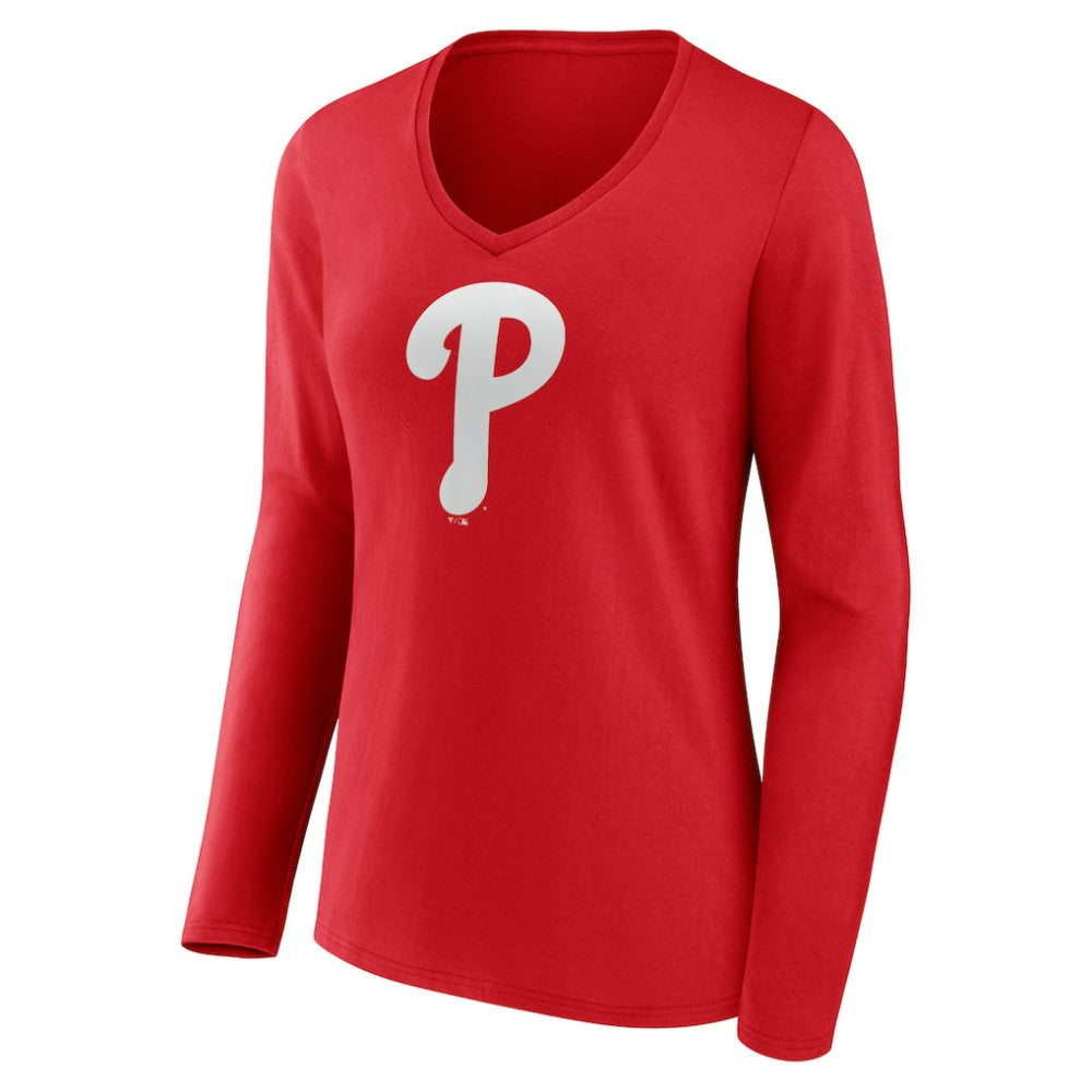Philadelphia Phillies Women's Team Color Primary Logo V-Neck Long Sleeve T-Shirt - Red T-shirts