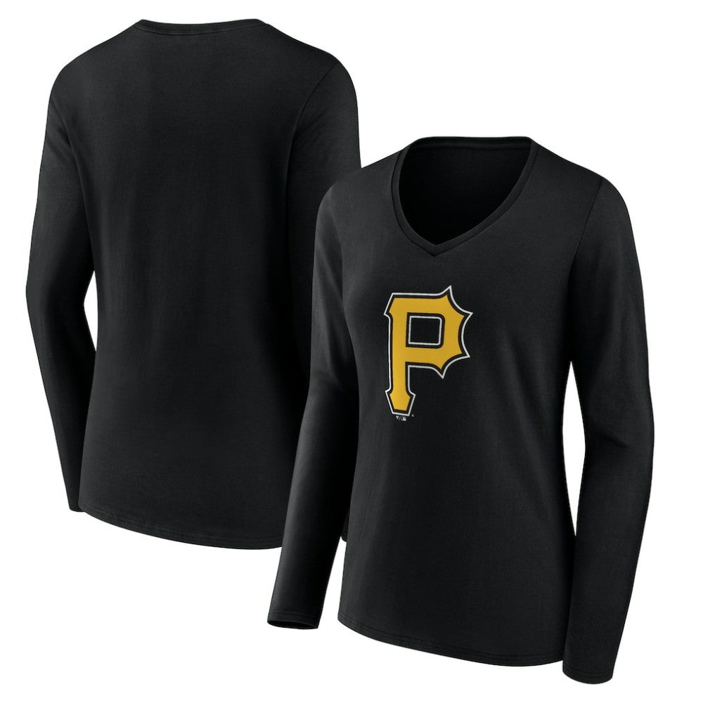 Pittsburgh Pirates Women's Team Color Primary Logo V-Neck Long Sleeve T-Shirt - Black T-shirts