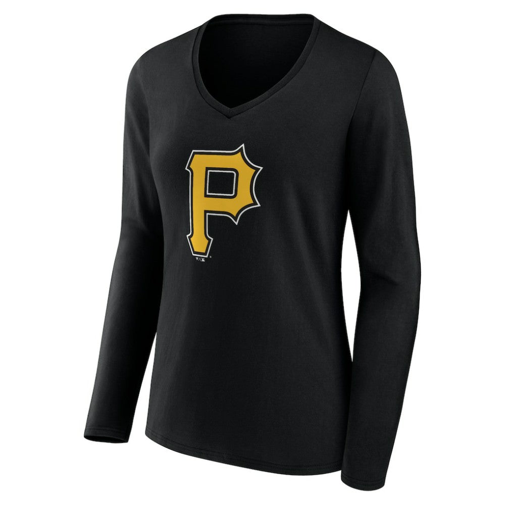 Pittsburgh Pirates Women's Team Color Primary Logo V-Neck Long Sleeve T-Shirt - Black T-shirts