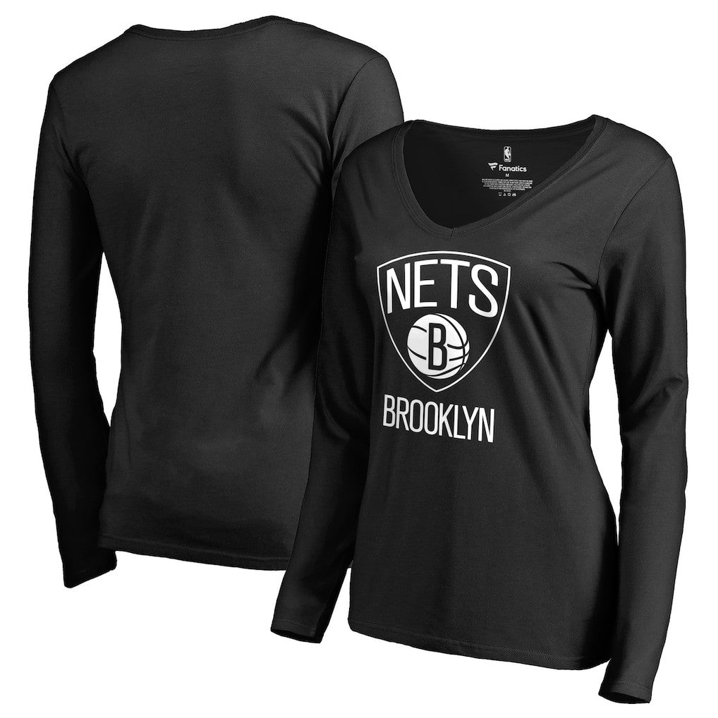 Brooklyn Nets Women's Primary Logo V-Neck Long Sleeve T-Shirt Black