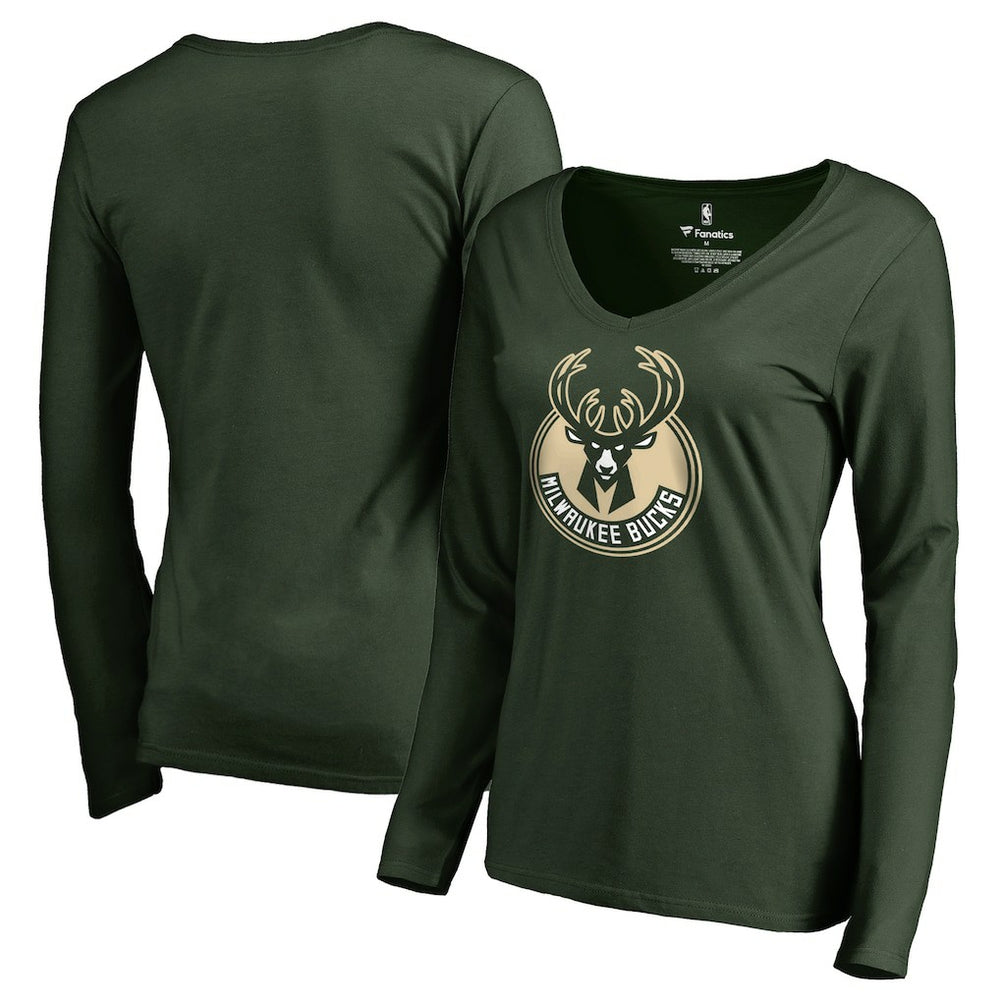 Milwaukee Bucks Women's Primary Logo V-Neck Long Sleeve T-Shirt Green