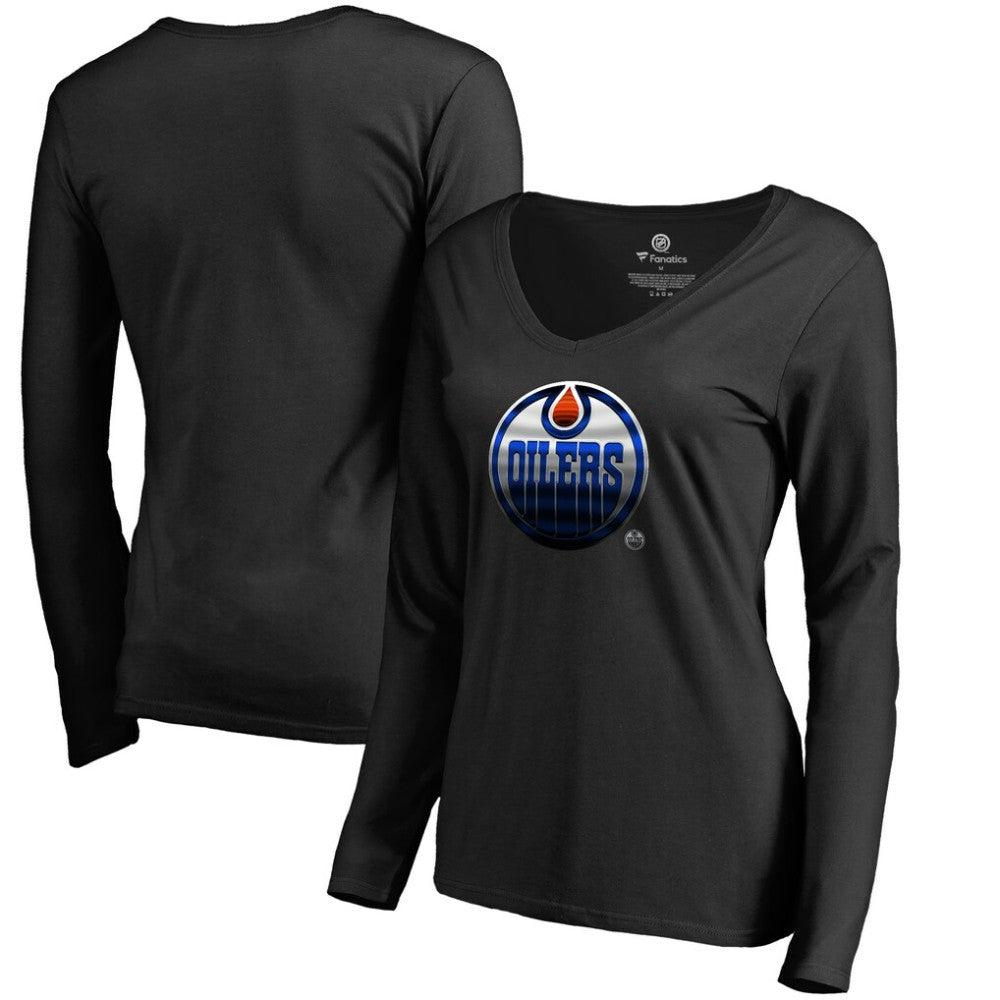 NHL Edmonton Oilers Women's Midnight Mascot Long Sleeve V-Neck T-Shirt - Black