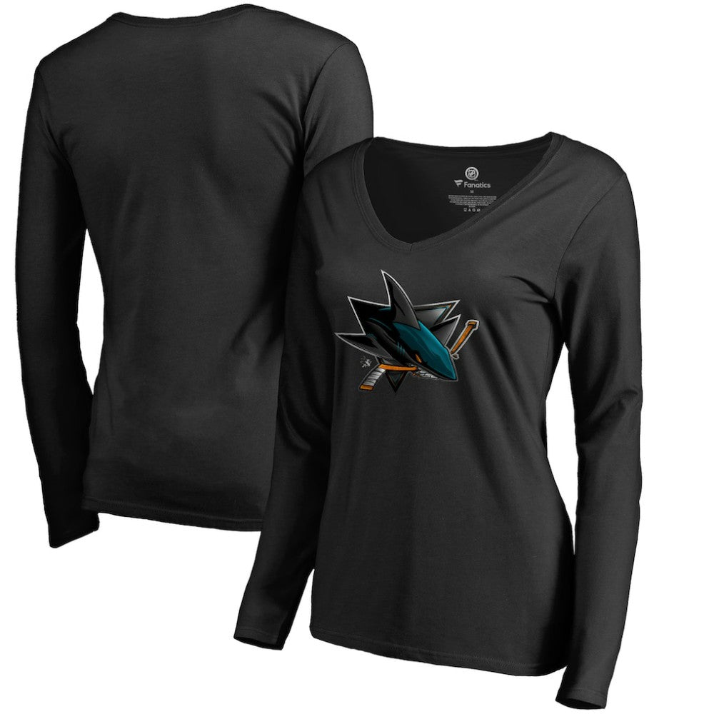 NHL San Jose Sharks Women's Midnight Mascot Long Sleeve V-Neck T-Shirt - Black