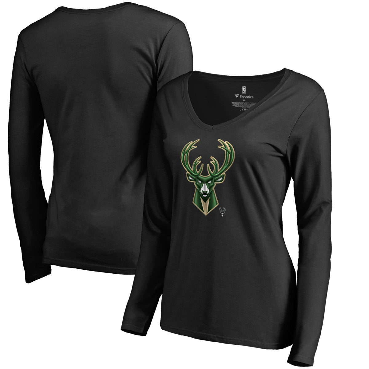 Milwaukee Bucks Women's Midnight Mascot Long Sleeve V-Neck T-Shirt Black
