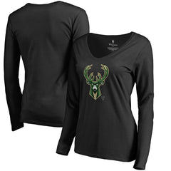 Milwaukee Bucks Women's Midnight Mascot Long Sleeve V-Neck T-Shirt Black