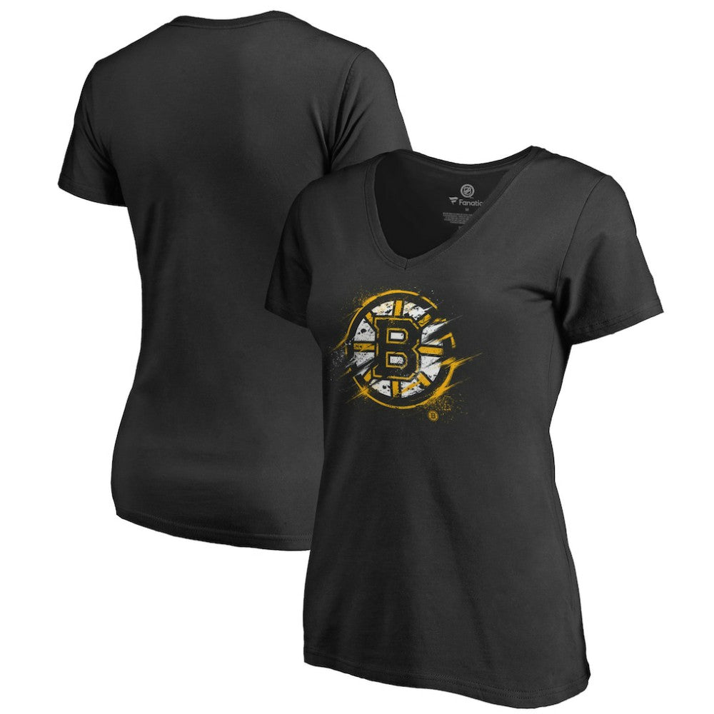 NHL Boston Bruins Women's Splatter Logo V-Neck T-Shirt - Black