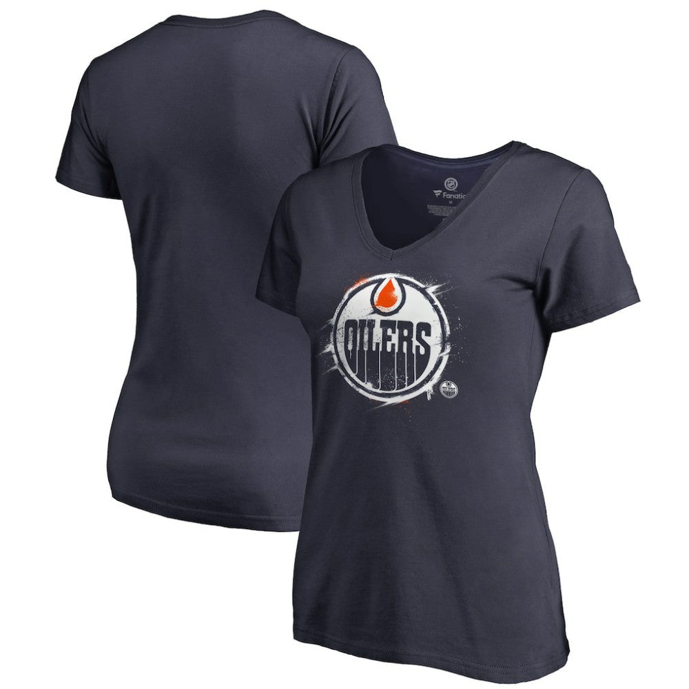 NHL Edmonton Oilers Women's Splatter Logo V-Neck T-Shirt - Navy
