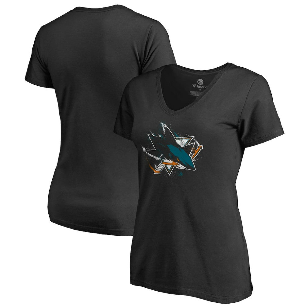 NHL San Jose Sharks Women's Splatter Logo V-Neck T-Shirt - Black