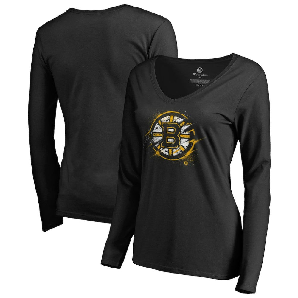 NHL Boston Bruins Women's Splatter Logo V-Neck Long Sleeve T-Shirt - Black