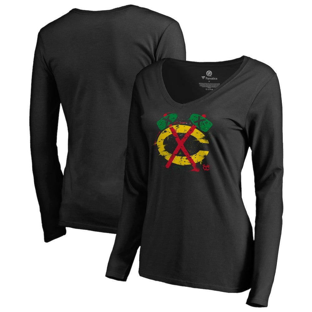NHL Chicago Blackhawks Women's Splatter Logo V-Neck Long Sleeve T-Shirt - Black