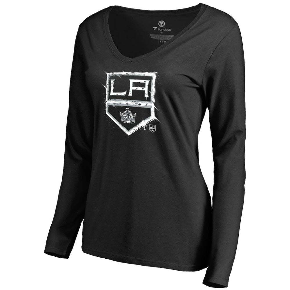 NHL Los Angeles Kings Women's Splatter Logo V-Neck Long Sleeve T-Shirt - Black
