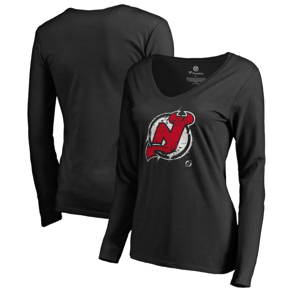 NHL New Jersey Devils Women's Splatter Logo V-Neck Long Sleeve T-Shirt - Black