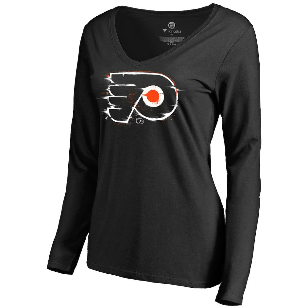 NHL Philadelphia Flyers Women's Splatter Logo V-Neck Long Sleeve T-Shirt - Black