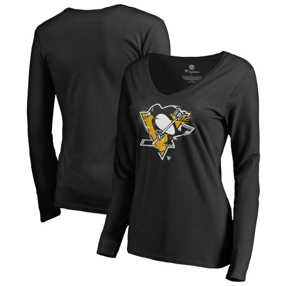 NHL Pittsburgh Penguins Women's Splatter Logo V-Neck Long Sleeve T-Shirt - Black