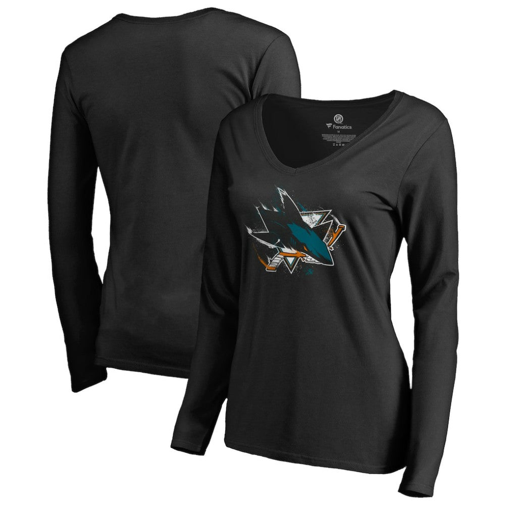 NHL San Jose Sharks Women's Splatter Logo V-Neck Long Sleeve T-Shirt - Black
