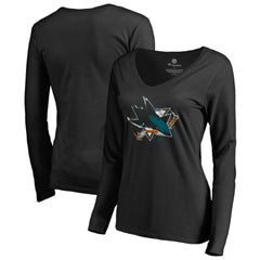 NHL San Jose Sharks Women's Splatter Logo V-Neck Long Sleeve T-Shirt - Black