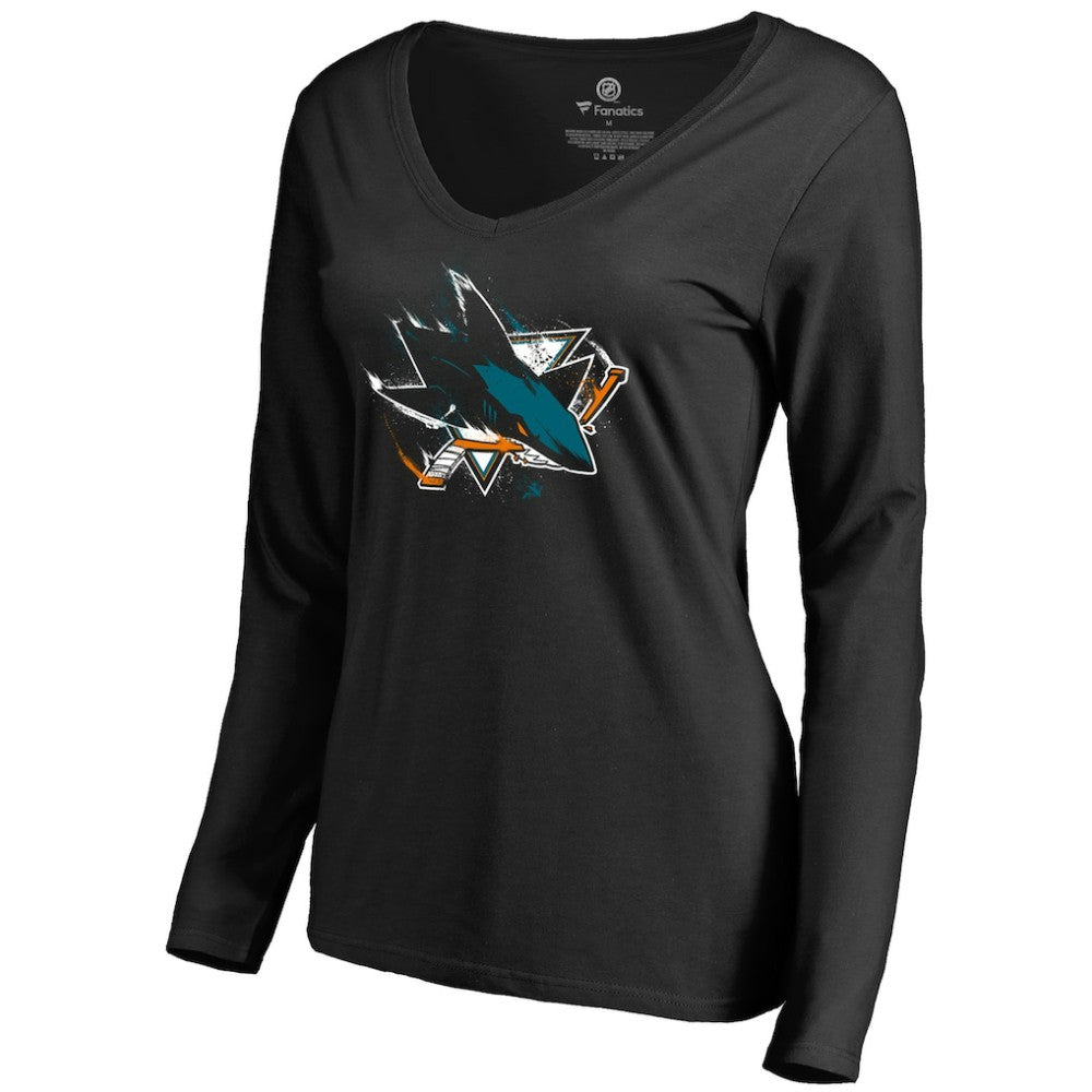 NHL San Jose Sharks Women's Splatter Logo V-Neck Long Sleeve T-Shirt - Black