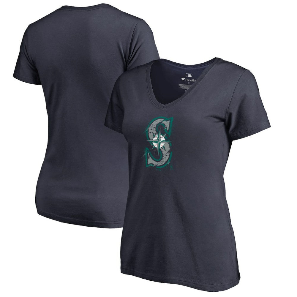 Seattle Mariners Women's Splatter Logo V-Neck T-Shirt - Navy T-shirts