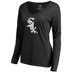 Chicago White Sox Women's Splatter Logo Long Sleeve V-Neck T-Shirt - Black T-shirts