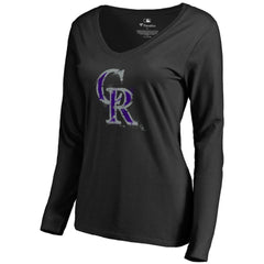 Colorado Rockies Women's Splatter Logo Long Sleeve V-Neck T-Shirt - Black T-shirts