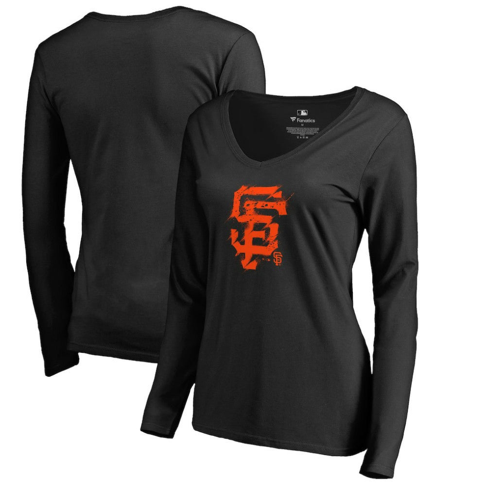 San Francisco Giants Women's Splatter Logo Long Sleeve V-Neck T-Shirt - Black T-shirts