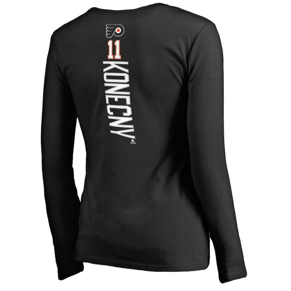 NHL Travis Konecny Philadelphia Flyers Women's Backer Name & Number Slim Fit Long Sleeve V-Neck T-Shirt - Black