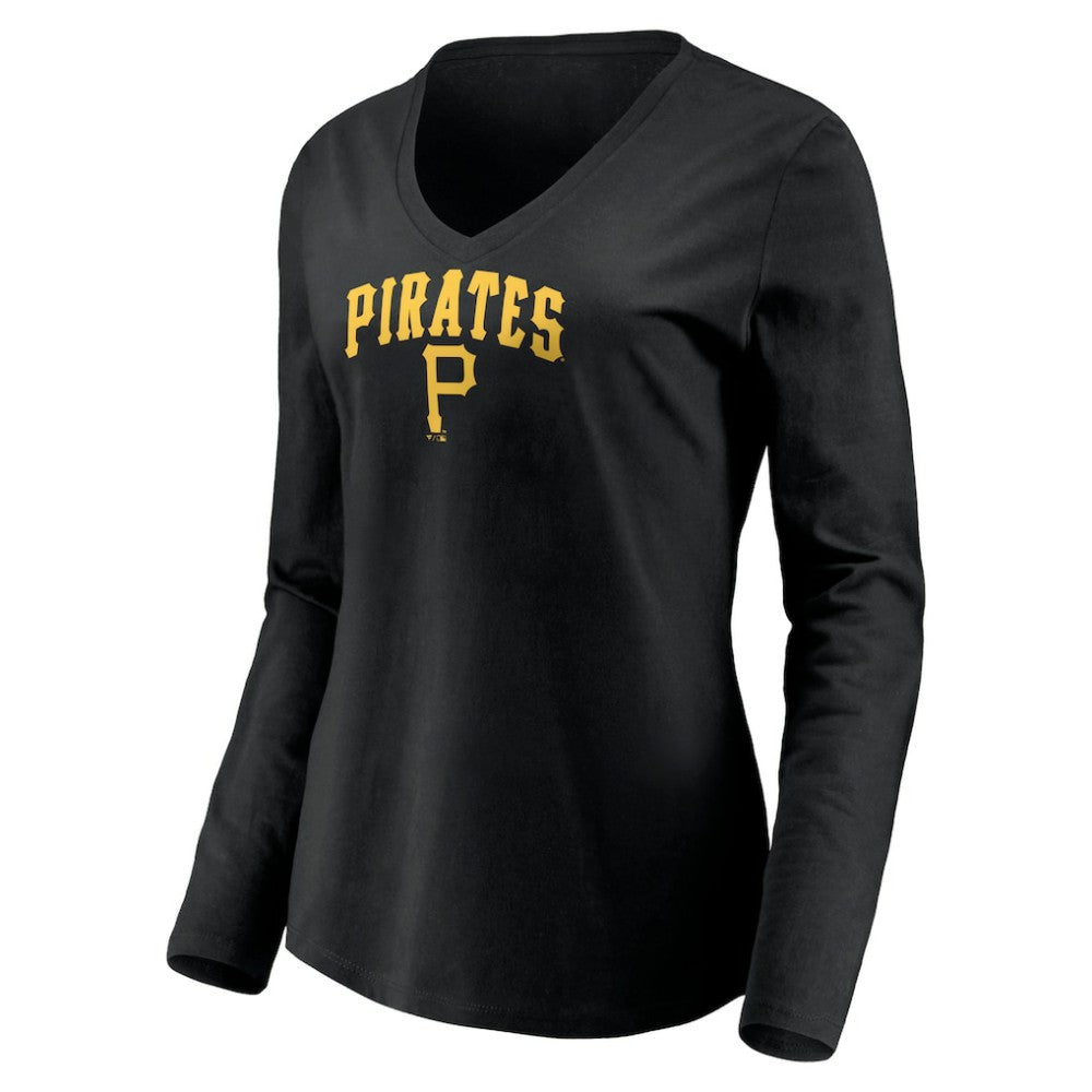 Pittsburgh Pirates Women's Cooperstown Collection Wahconah Long Sleeve V-Neck T-Shirt - Black T-shirts