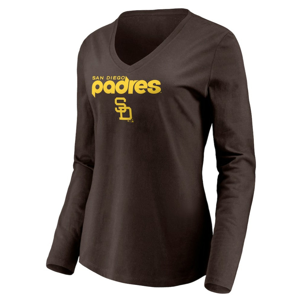 San Diego Padres Women's Cooperstown Collection Wahconah Long Sleeve V-Neck T-Shirt - Brown T-shirts