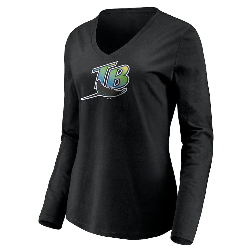 Tampa Bay Rays Women's Cooperstown Collection Wahconah Long Sleeve V-Neck T-Shirt - Black T-shirts