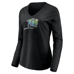 Tampa Bay Rays Women's Cooperstown Collection Wahconah Long Sleeve V-Neck T-Shirt - Black T-shirts