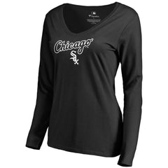 Chicago White Sox Women's Team Lockup Slim Fit Long Sleeve V-Neck T-Shirt - Black T-shirts