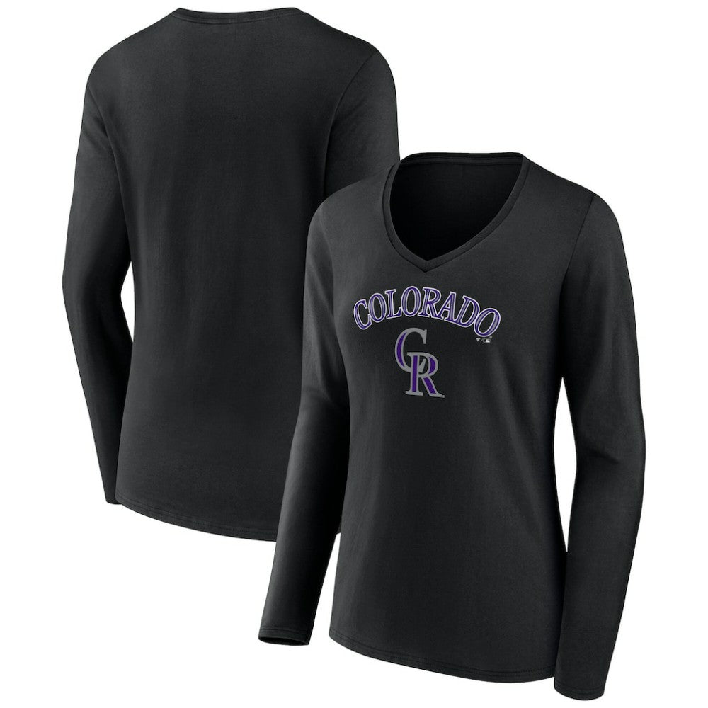 Colorado Rockies Women's Team Lockup Slim Fit Long Sleeve V-Neck T-Shirt - Black T-shirts