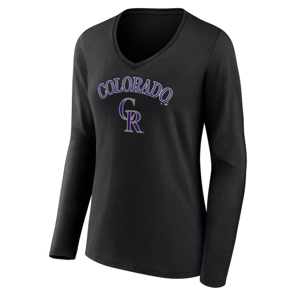 Colorado Rockies Women's Team Lockup Slim Fit Long Sleeve V-Neck T-Shirt - Black T-shirts