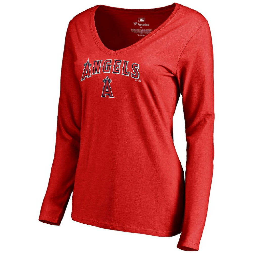 Los Angeles Angels Women's Team Lockup Slim Fit Long Sleeve V-Neck T-Shirt - Red T-shirts