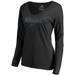 Miami Marlins Women's Team Lockup Slim Fit Long Sleeve V-Neck T-Shirt - Black T-shirts