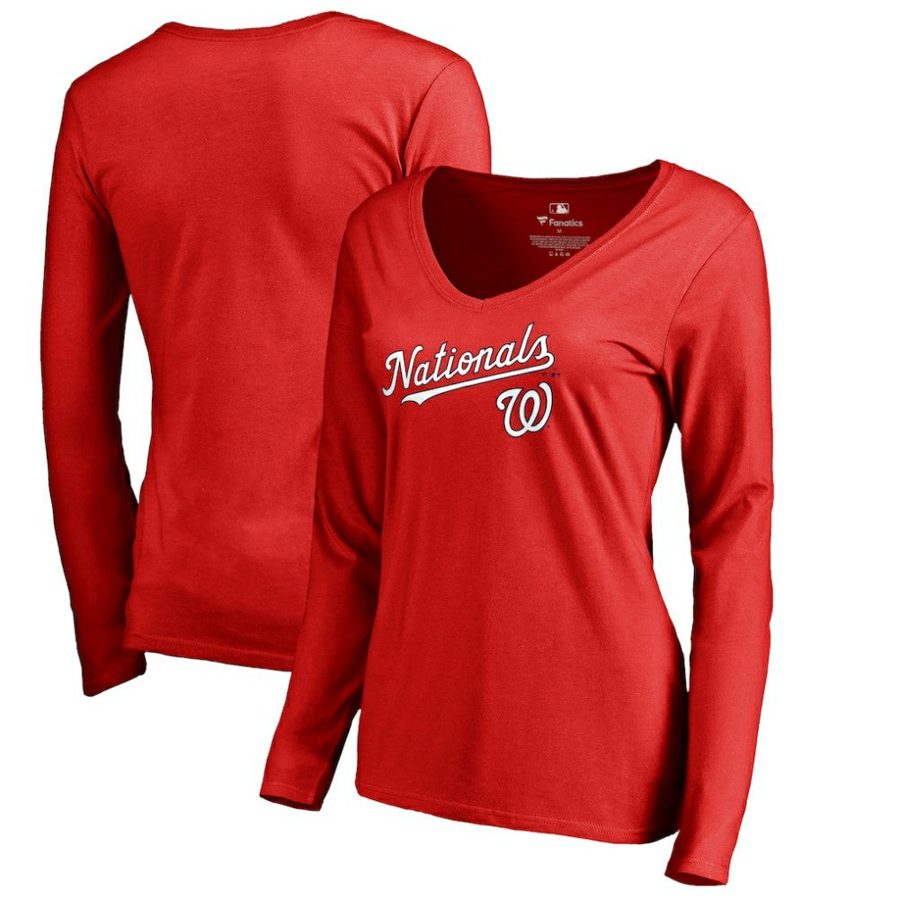 Washington Nationals Women's Team Lockup Slim Fit Long Sleeve V-Neck T-Shirt - Red T-shirts