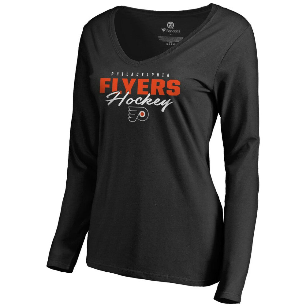 NHL Philadelphia Flyers Women's Iconic Collection Script Assist Long Sleeve V-Neck T-Shirt - Black