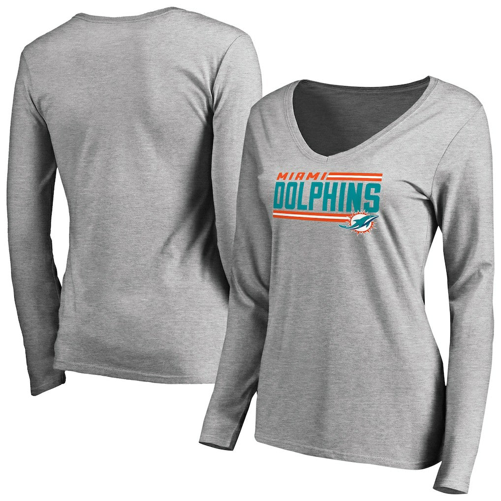 Miami Dolphins Women's Iconic Collection On Side Stripe Long Sleeve V-Neck T-Shirt Ash