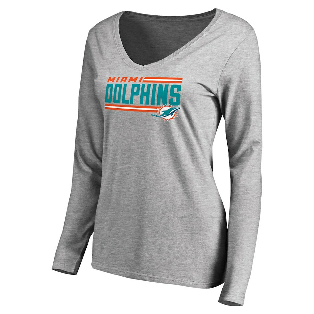 Miami Dolphins Women's Iconic Collection On Side Stripe Long Sleeve V-Neck T-Shirt Ash