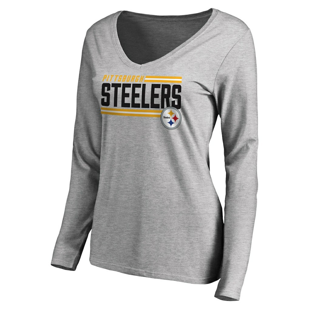 Pittsburgh Steelers Women's Iconic Collection On Side Stripe Long Sleeve V-Neck T-Shirt Ash