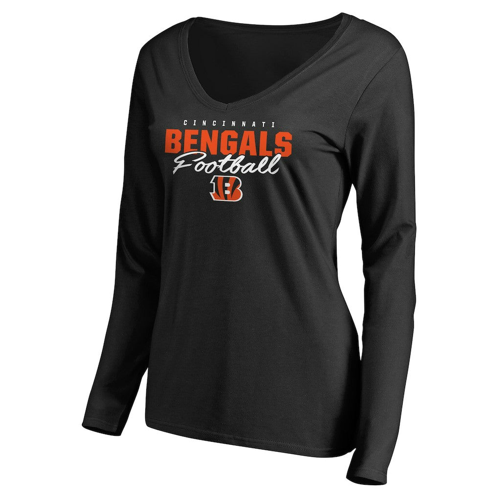 Cincinnati Bengals Women's Iconic Collection Script Assist Long Sleeve V-Neck T-Shirt Black