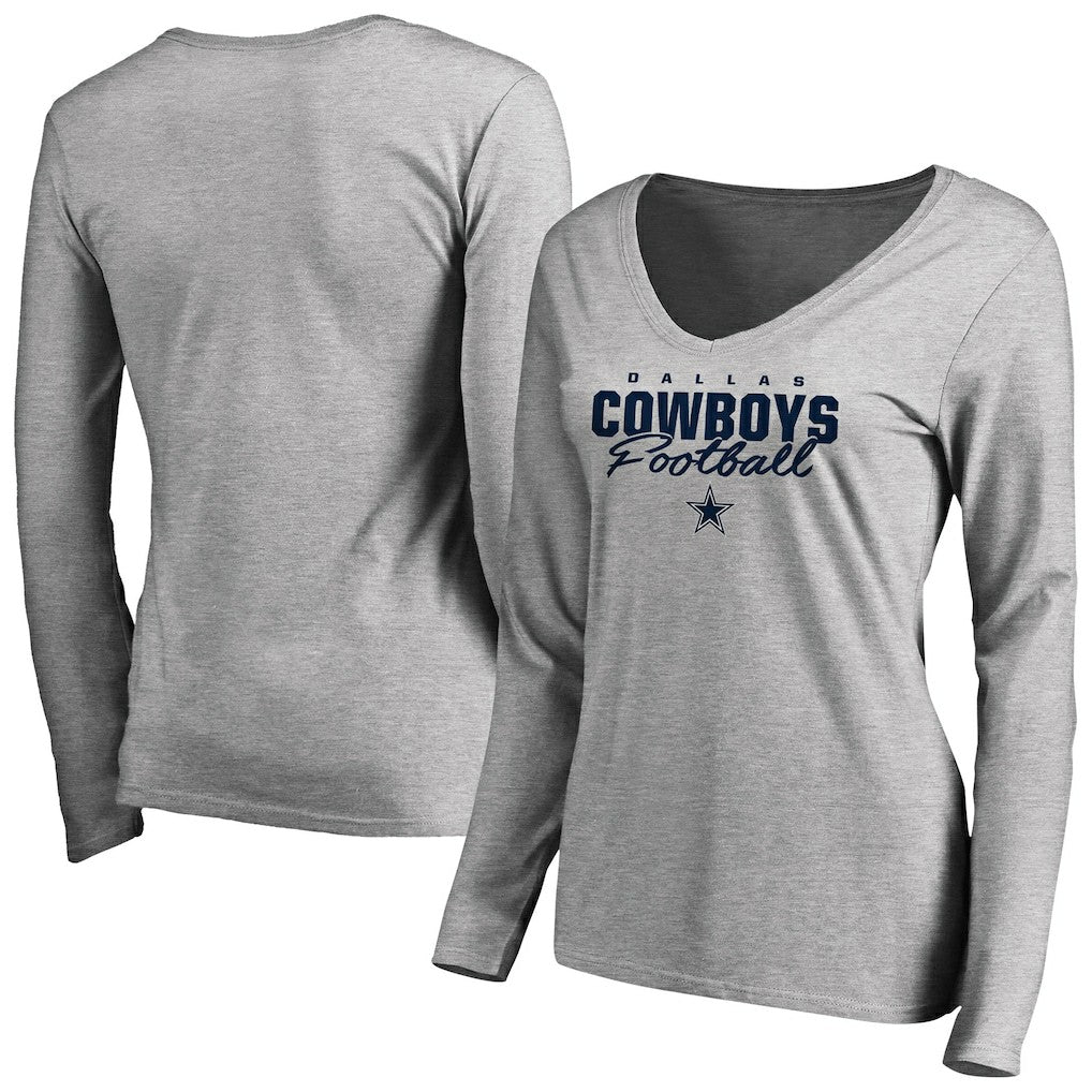 Dallas Cowboys Women's Iconic Collection Script Assist Long Sleeve V-Neck T-Shirt Ash
